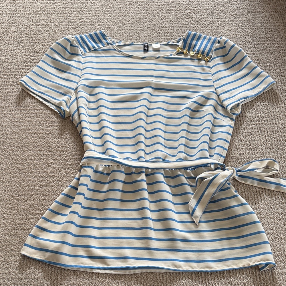 H&M Blue and Cream Striped Blouse with Gold Button Accents